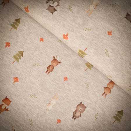Tissu jersey coton imprimé French Terry "Animaux de la forêt" - Gris clair
